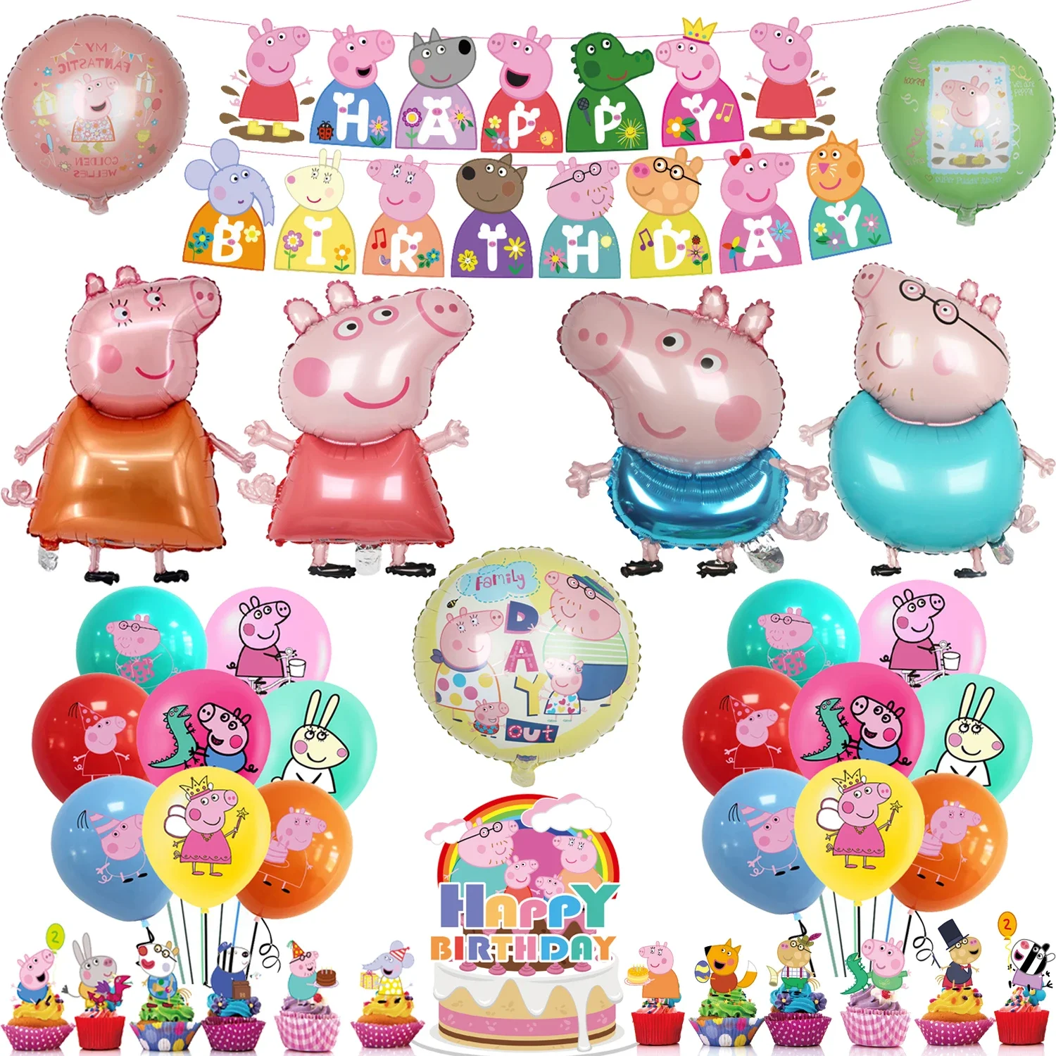 thumbnail image 1 of Globos de Peppa Pig, pancarta de cumpleaños feliz, suministros para fiestas, platos de papel de George Page, vajilla desechable, decoración de fondo, 1 of 5
