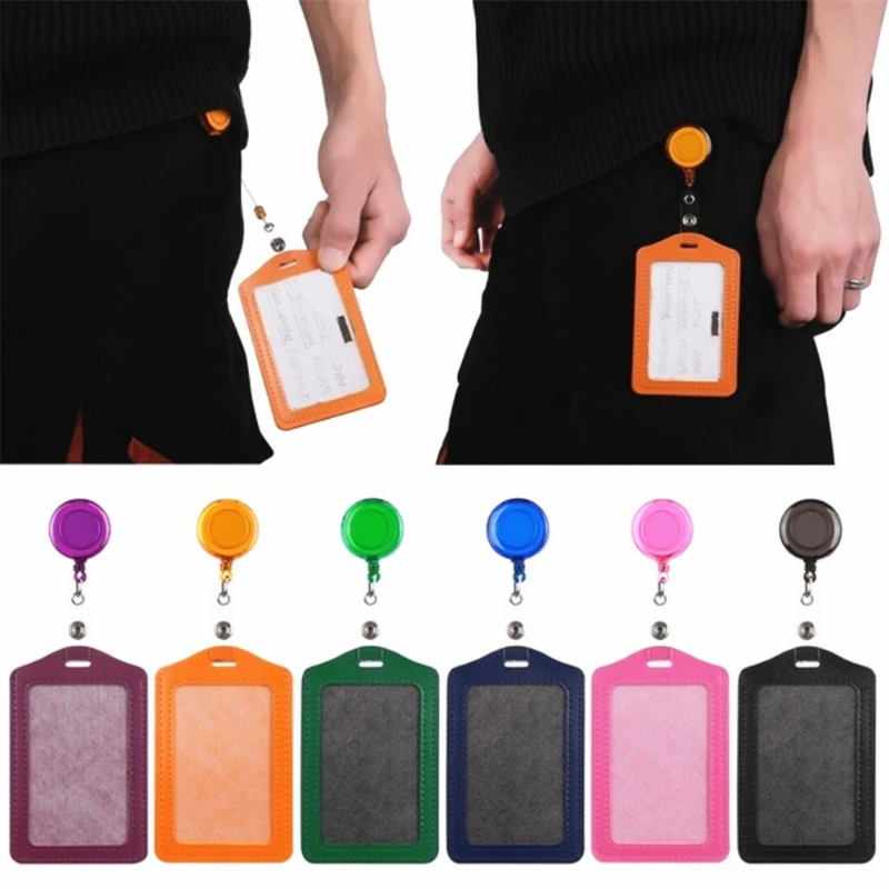 

PU Leather Pass Access Employee's Work Card Cover Sleeve Badge Holder Protector with Badge Reel Working Permit Case Clips