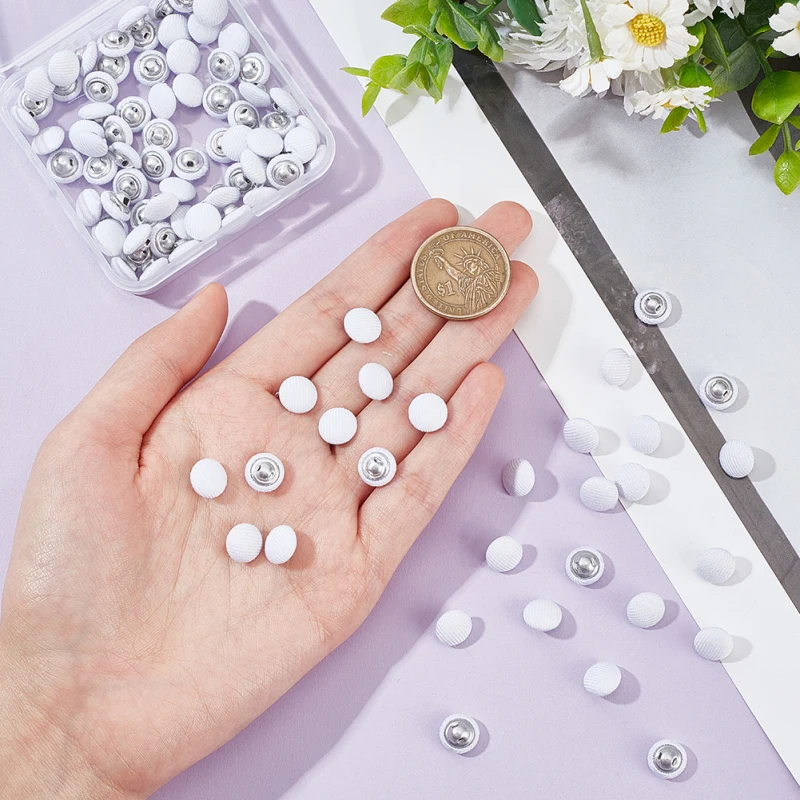 100 Pcs Fabric Covered Button, 10mm White Fabric Metal Shank Buttons 1-Hole Fabric Cloth Covered Round Buttons Crafting Sewing 2