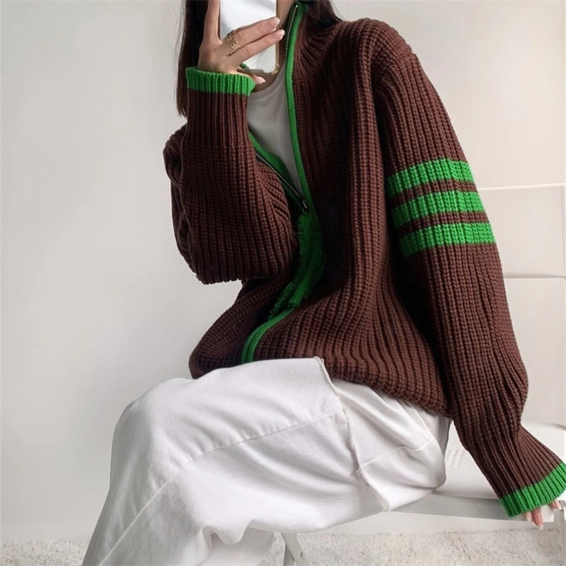 

Autumn and Winter New Sweater Female Collision Striped Splicing Loose Stand-up Collar Knit Sweater Women's Coat Women Cardigan