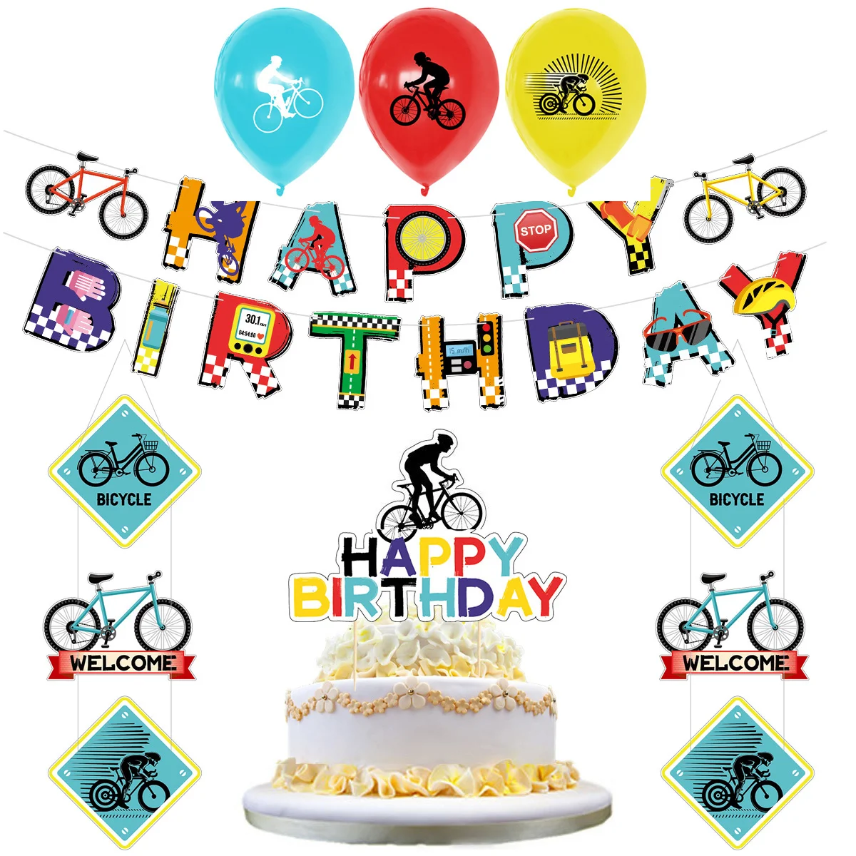 

Bike Birthday Party Decorations Balloon Cake Topper Banner Hanging Signs Bicycle Sports Theme Birthday Party Supplies for Kids