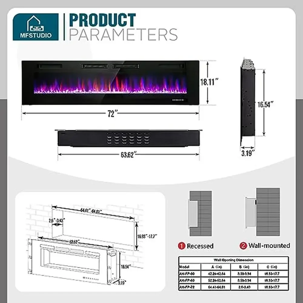 72" Electric Fireplace Remote Control Touch Screen Linear Heater Reversible Installation Adjustable Heat Levels Energy Efficient 6
