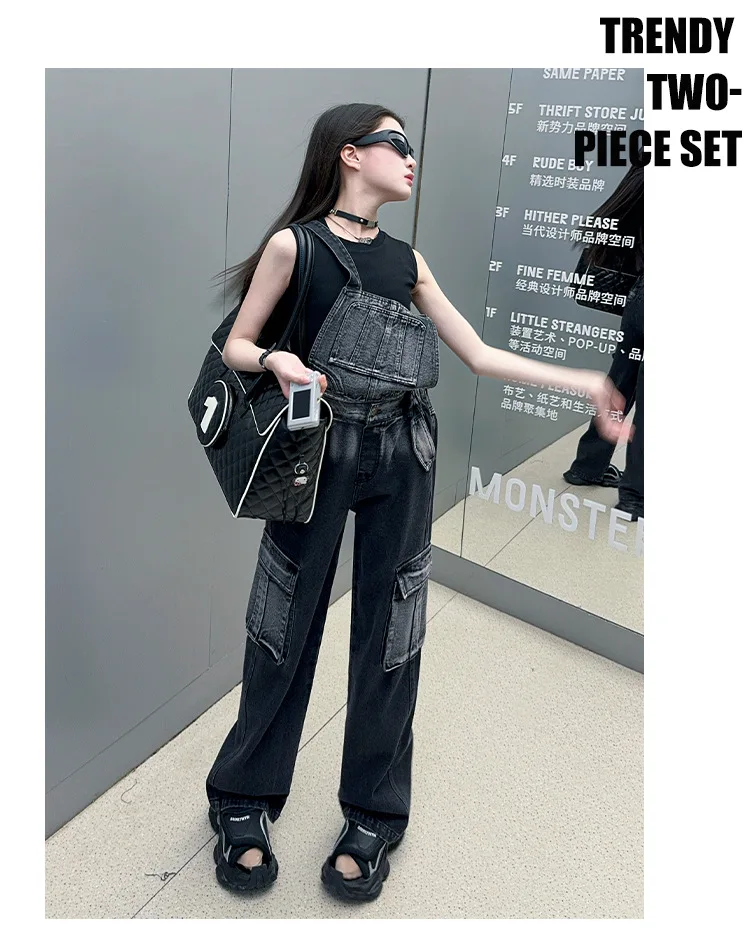2025 Spring/Autumn Girls Denim Overalls Trendy Detachable Wide-Leg Jeans for Kids Stylish Versatile Casual Two Wear Trousers