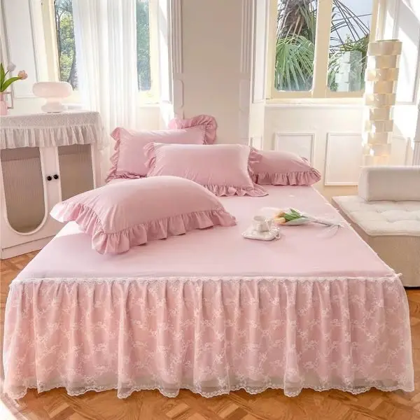 

French Lace Embroidered Bed Skirt Small Fresh Solid Color Cotton Bed Cover Thin Gauze Hem Anti Slip Bed Sheets and Bedding