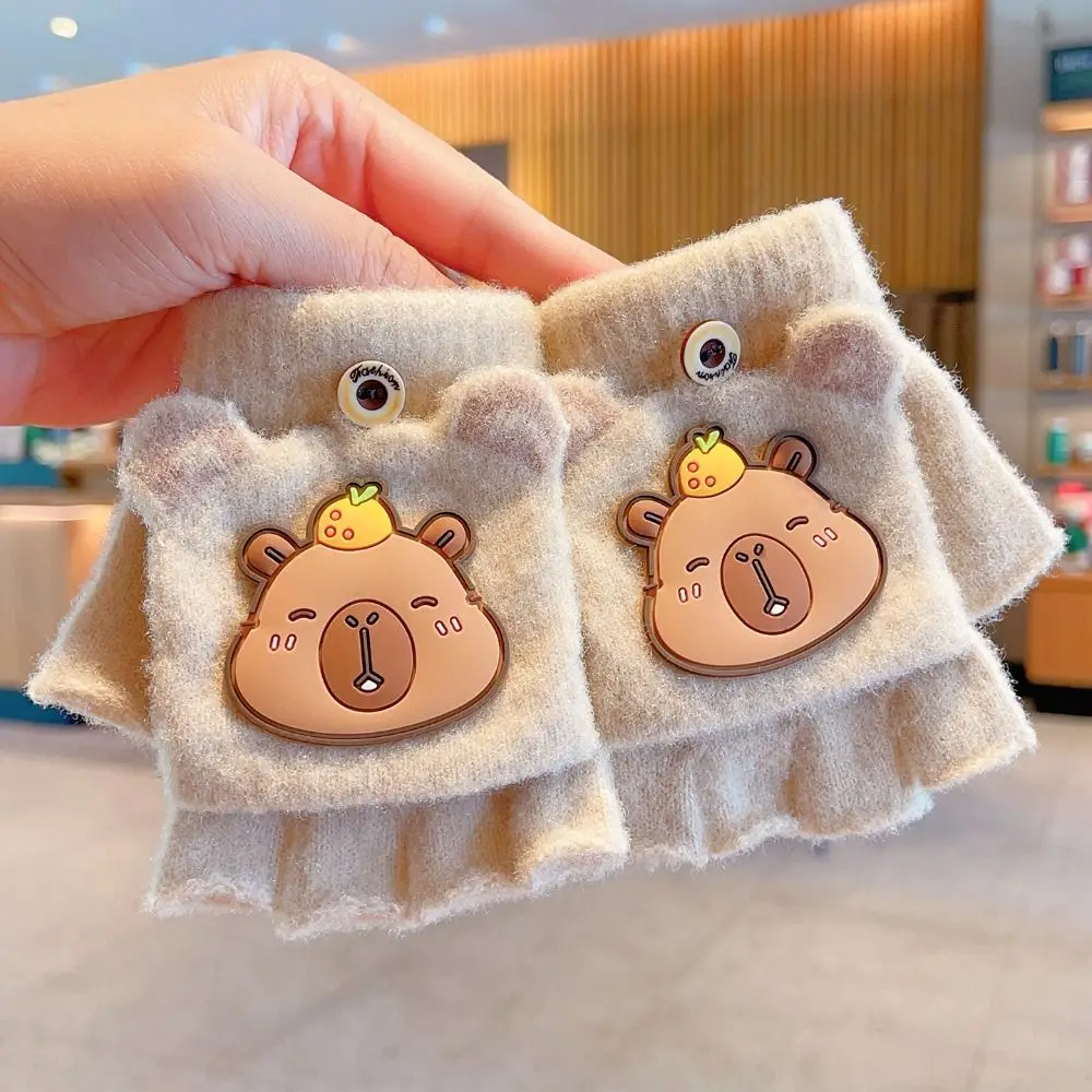 New 6-10 Years Old Half Finger Gloves Thickened Cute Capybara Winter Flip Gloves Elastic Cold-Proof Writing Gloves Outdoor