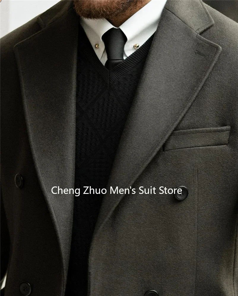 Mens Suit Trench Coat Notched Lapel Double Breasted Long Winter Jacket