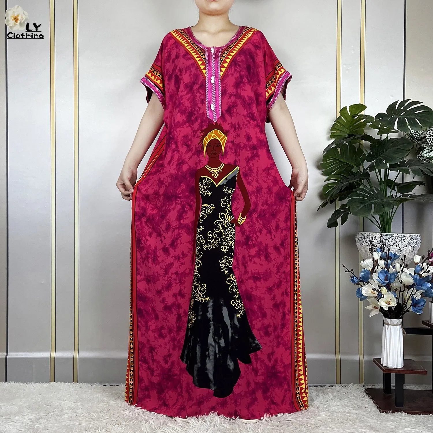 2023 New African Style Short Sleeve Dresses Cotton Pattern Printing Muslim Loose Robe Women Elegant Dress African Abaya Clothes 5