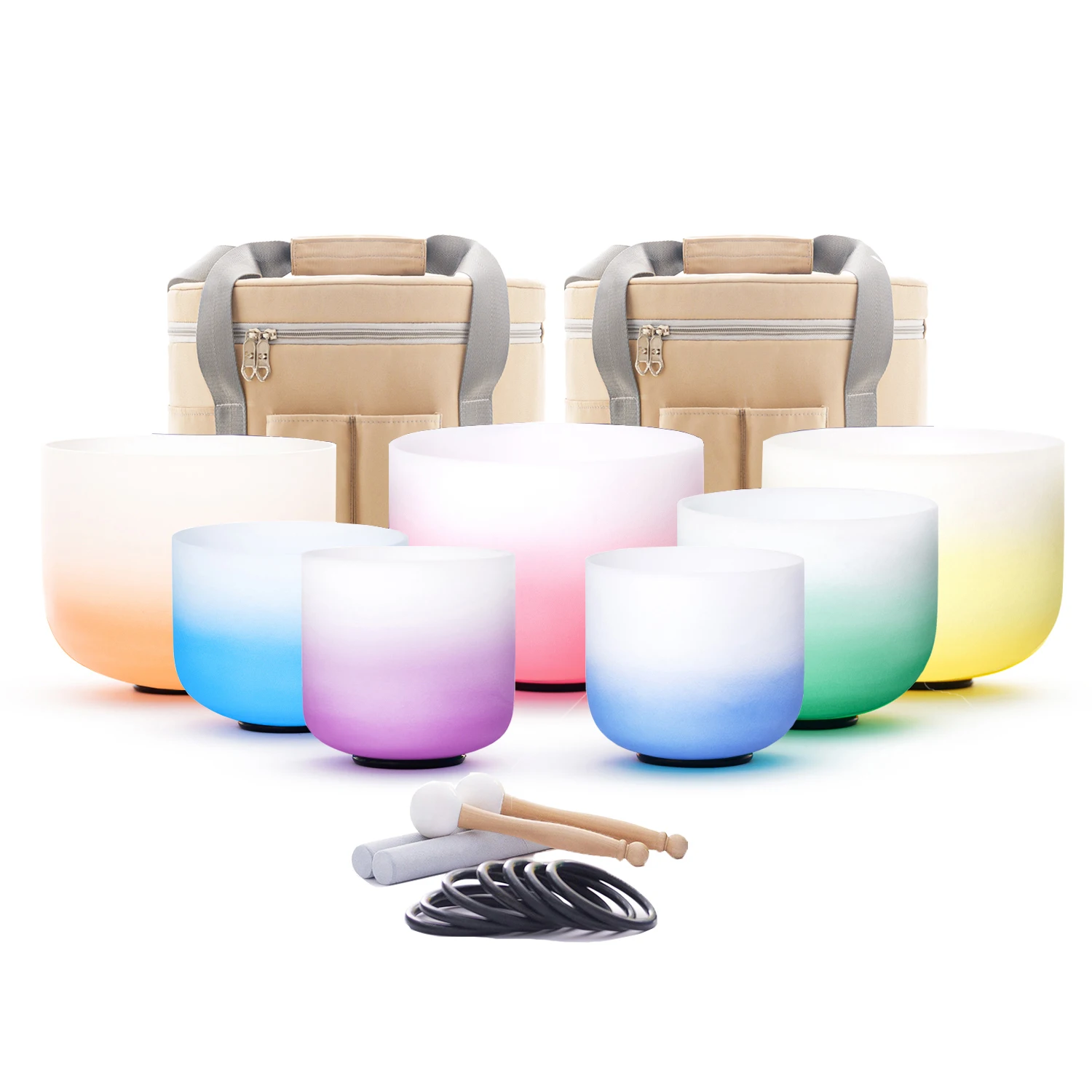 Hye-eun 6-12 Inch 7pcs 432HZ CDEFGAB Note Color Aria Gradient Frosted Quartz Crystal Singing Bowl Chakra Set with Carrying Case