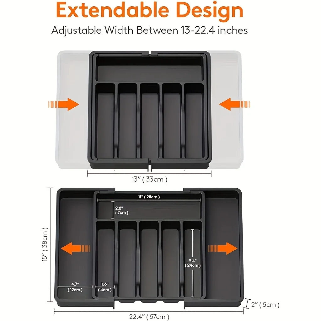 Black/White/Gray Expandable Kitchen Organizer-Ideal for Tableware (Spoons, Forks, Knives)Large，tableware and knife storage box
