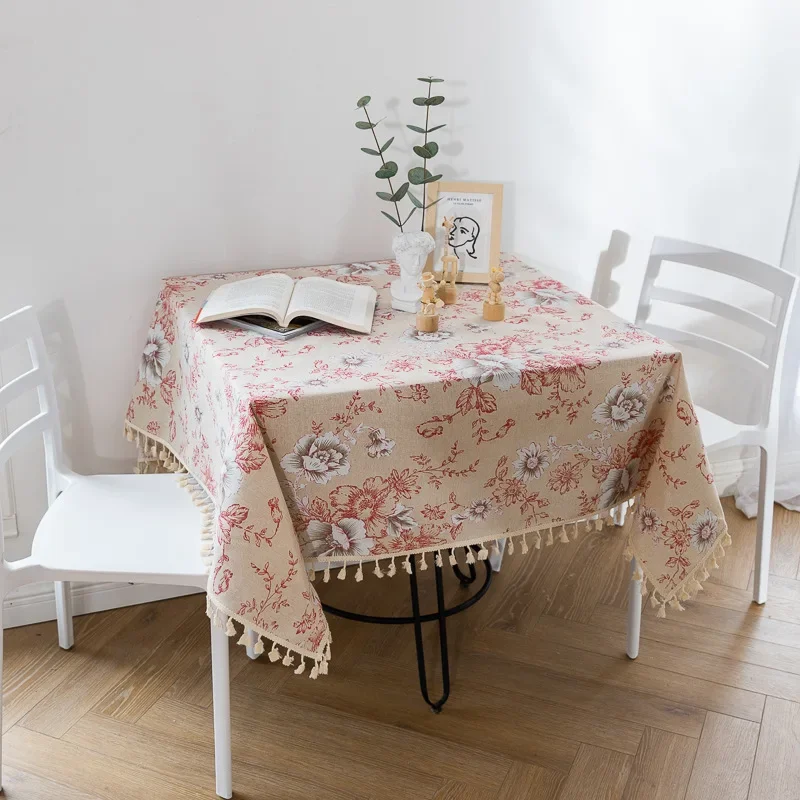 Cotton Linen Table Cover Tassels Retro Chinese Peony Printed Home Decoration Korean Rectangular Tablecloths Restaurant