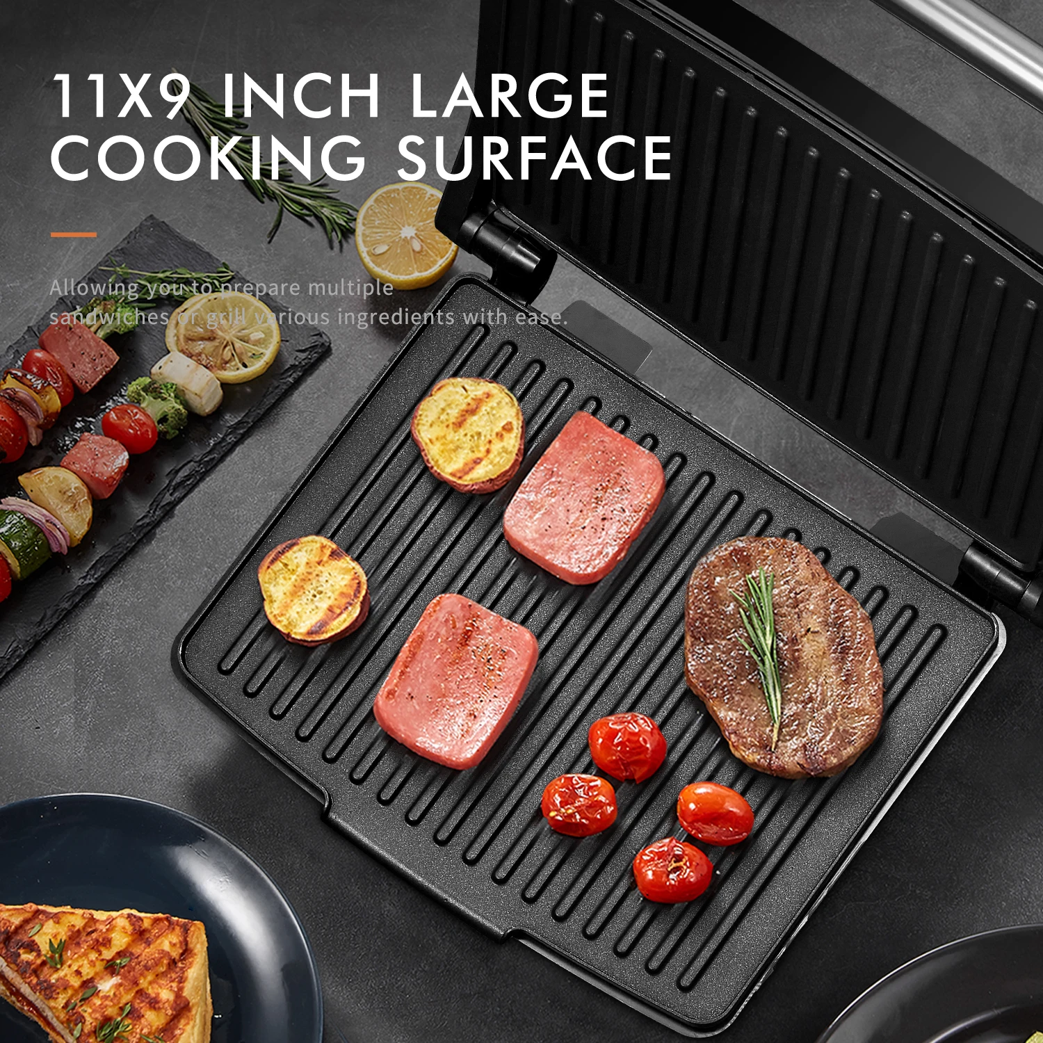 Yabano Panini Press Grill, Gourmet Sandwich Maker, Electric Indoor Grill with Non-Stick Cooking Plate and Removable Drip Tray, E 3