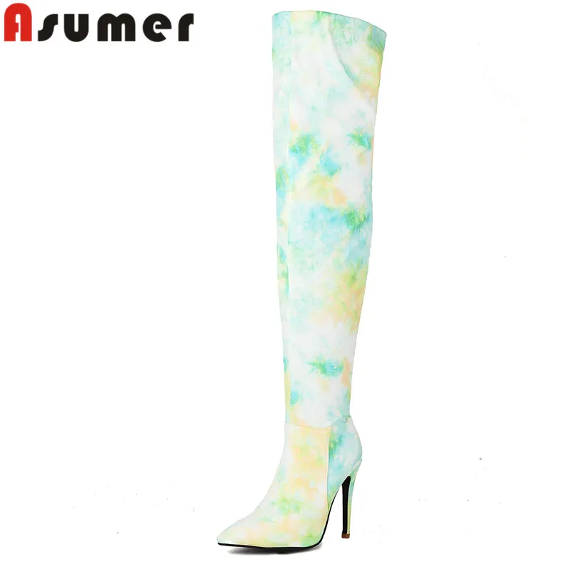 

ASUMER 2023 Size 34-47 New Microfiber Zipper Over The Knee Boots Ladies Mixed Colors Autumn Boots Women Thin High Heels Shoes