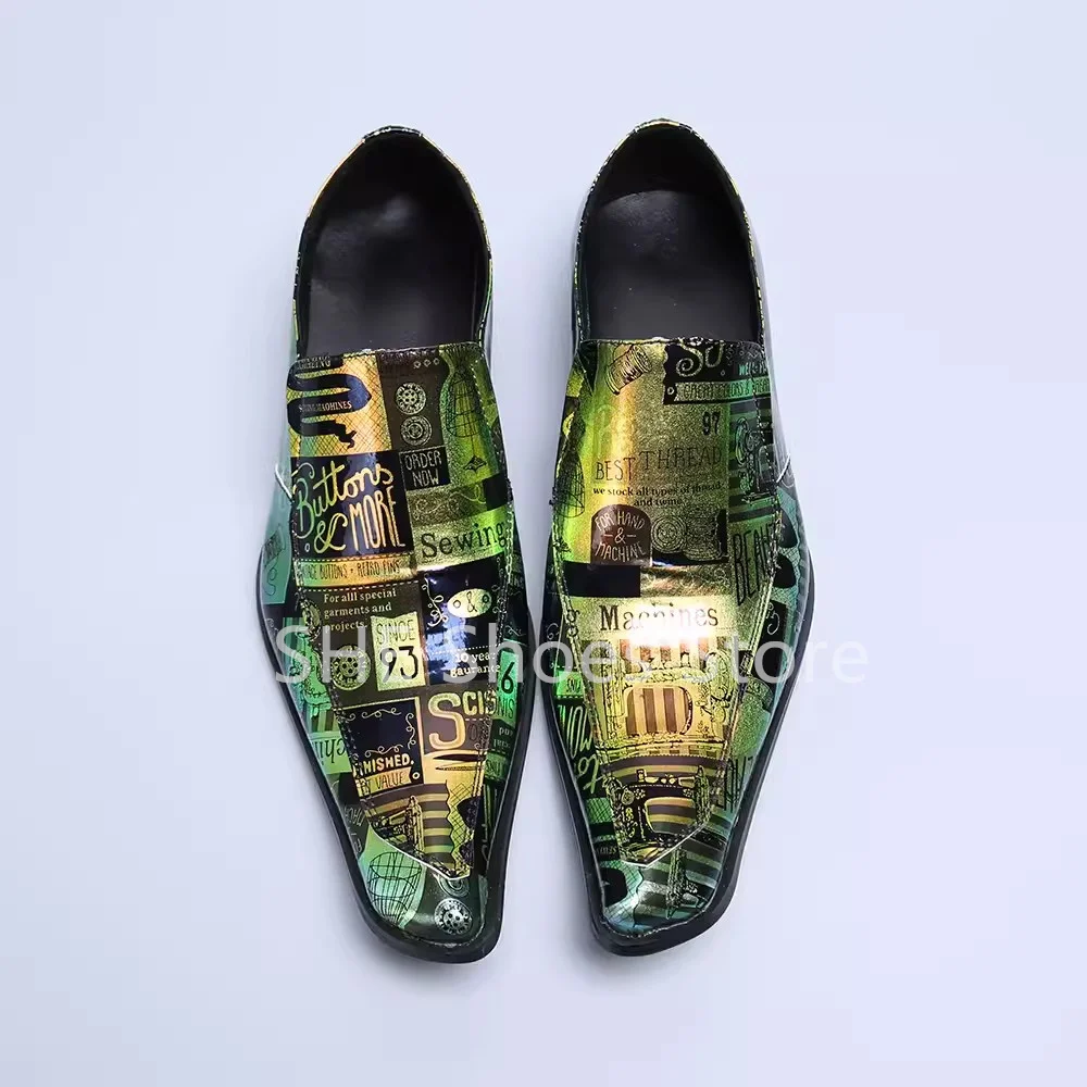 Mixed Color Print Shallow Slip-On Loafers for Men Irregular Pointed Toe Low Heel Oxfords Male Party Dress Genuine Leather Shoes
