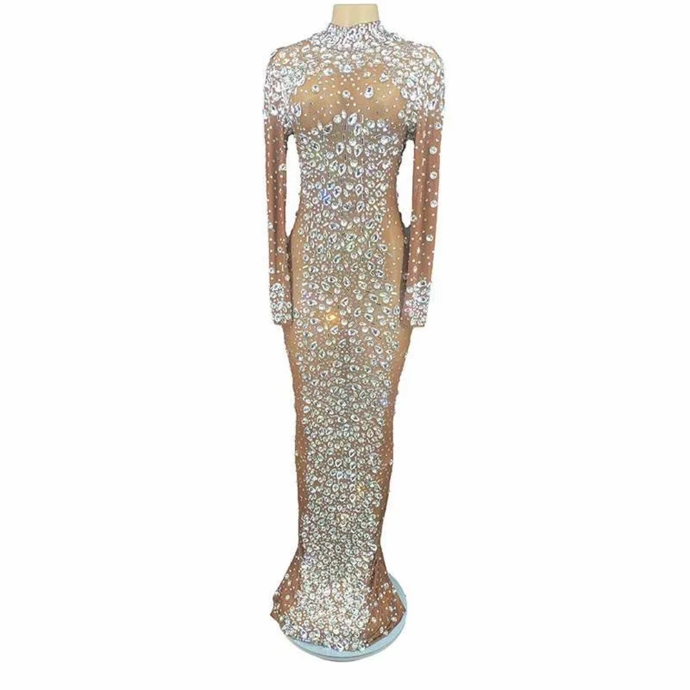 

Brown Shining Crystal Sparkly Rhinestones Sexy Women Split Dress Evening Party Club Clothing Stage Singer Perform Costume