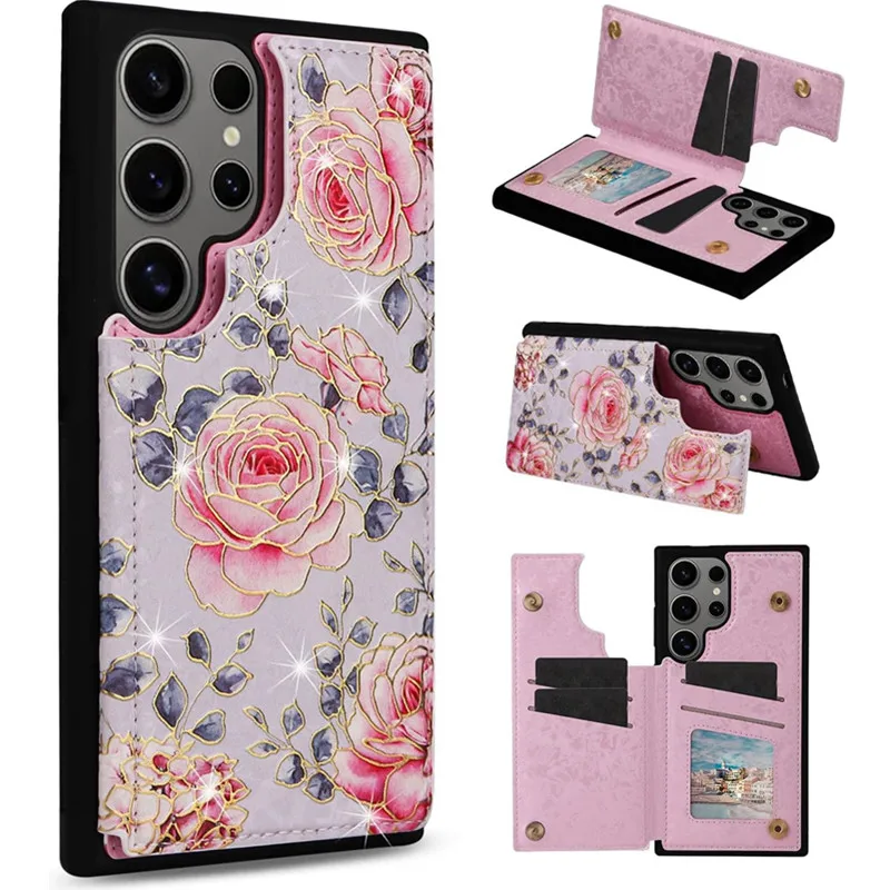 Floral Wallet Card Holder Flip Leather Case with RFID Blocking Technology