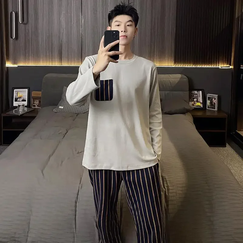 New Autumn Men's Pajama Set Double Pocket Comfortable Loose Fit Casual Style Simple Design Sleepwear Male Nightwear