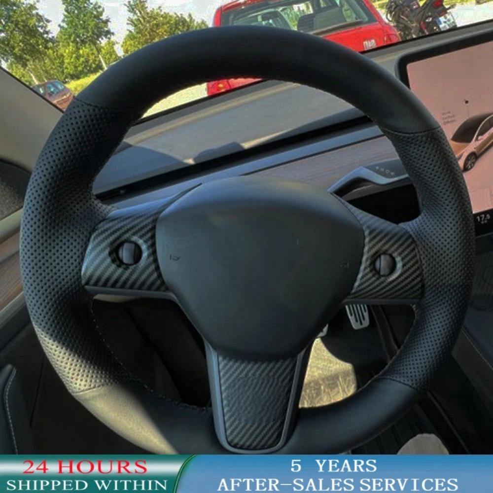 Maßgeschneiderte rutschfeste schwarze Nappe Kunstleder geflochtene Auto-Lenkradabdeckung für Tesla Model 3 2017–2020 Autozubehör