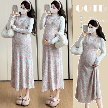 Maternity Suit Autumn New Style Korean Version Loose Flower Rainbow Stripe Dress And Turtleneck Sweater Underlayer Two Piece Set