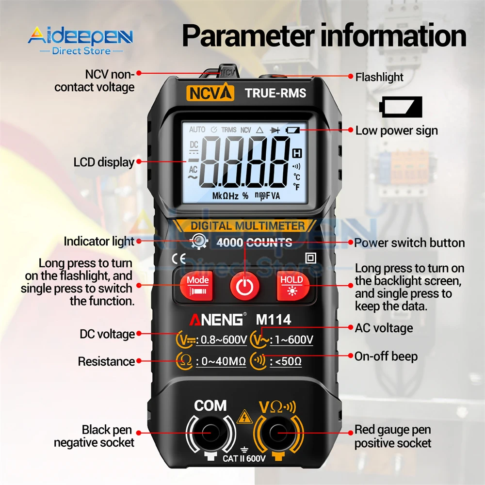 M114 M115 Smart Mini Multimeter Digital 4000 Counts DC/AC voltage Backlit bright screen NCV Resistance Data Retention Tester