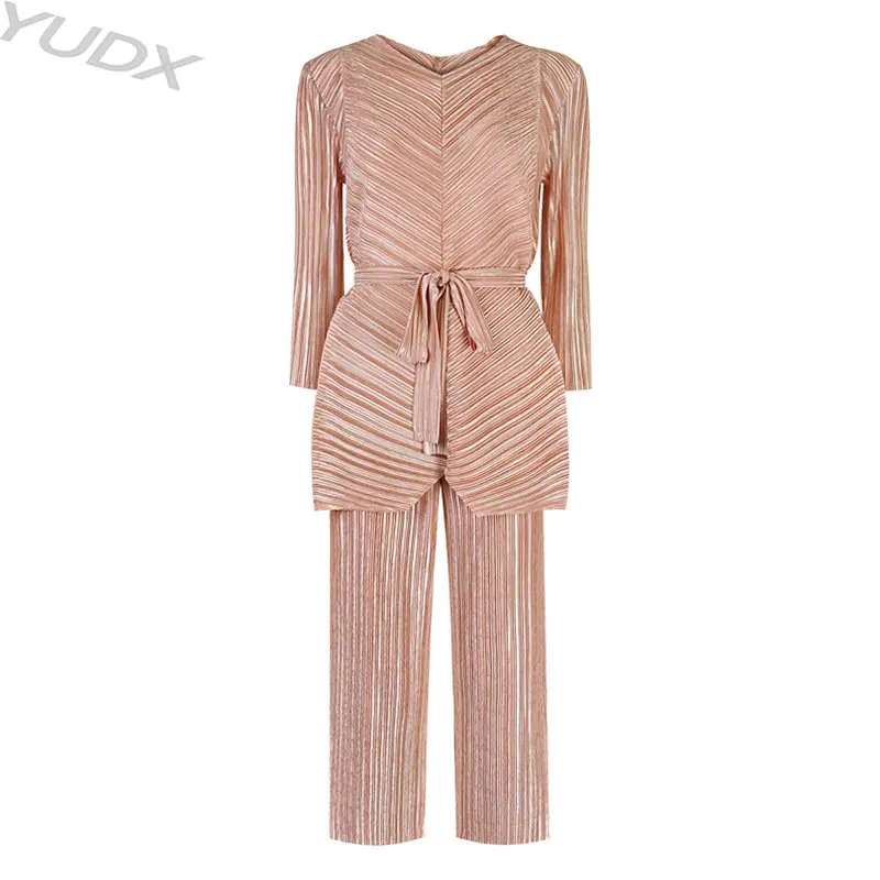 yudx-miyake-pleated-2023-spring-highlight-fashion-casual-v-neck-belt-top-pants-solid-color-suit-two-piece-sets-womens-outifits