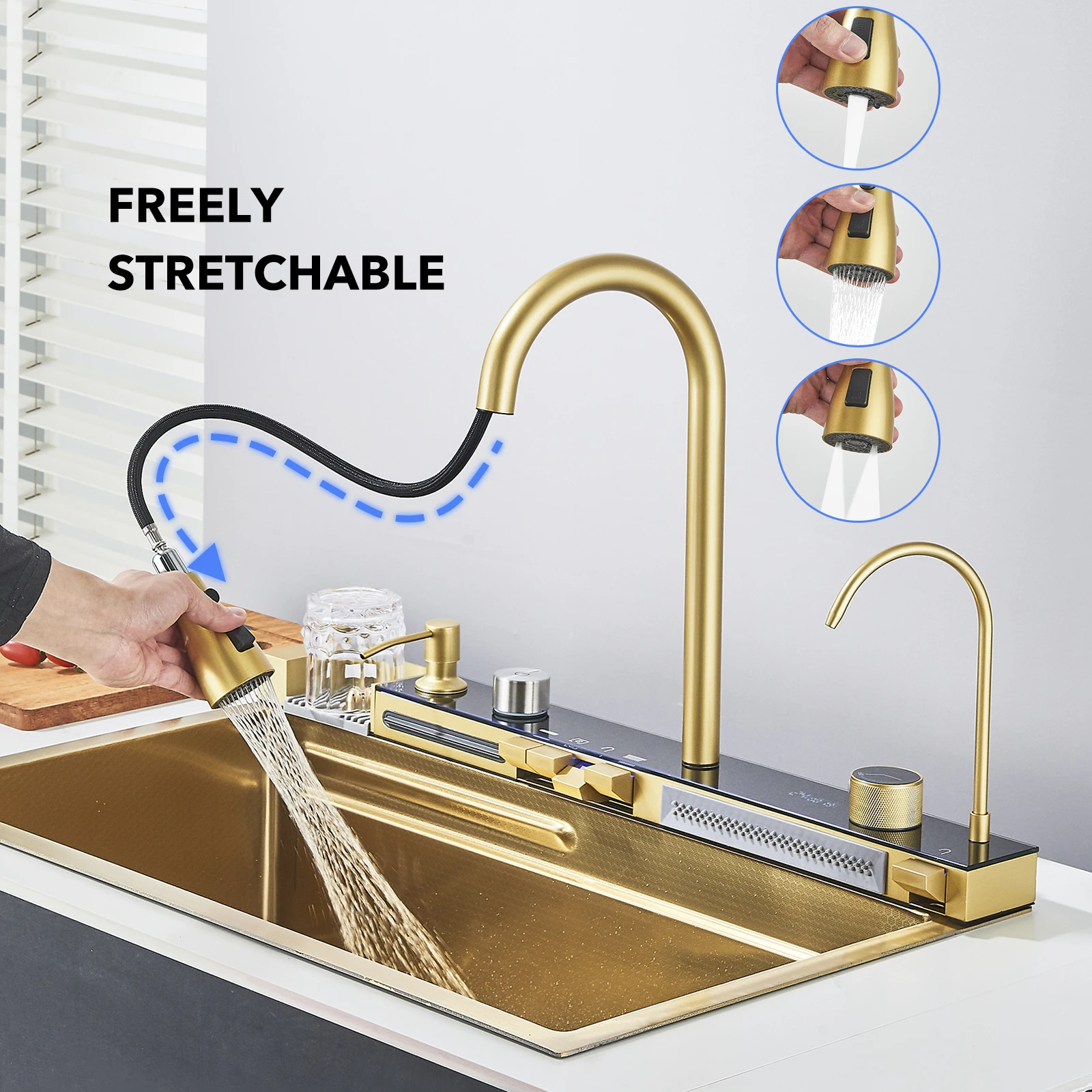Golden Smart Digital Display Integrated Kitchen Sink Set Temperature Control Waterfall Water Purifier Soap Dispenser Cup Washer 4