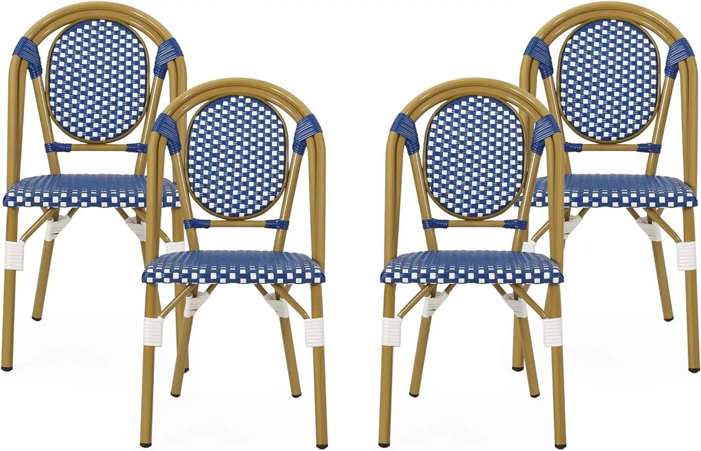 

Christopher Knight Home Gwendolyn Outdoor French Bistro Chairs (Set of 4), Blue + White + Bamboo Print Finish