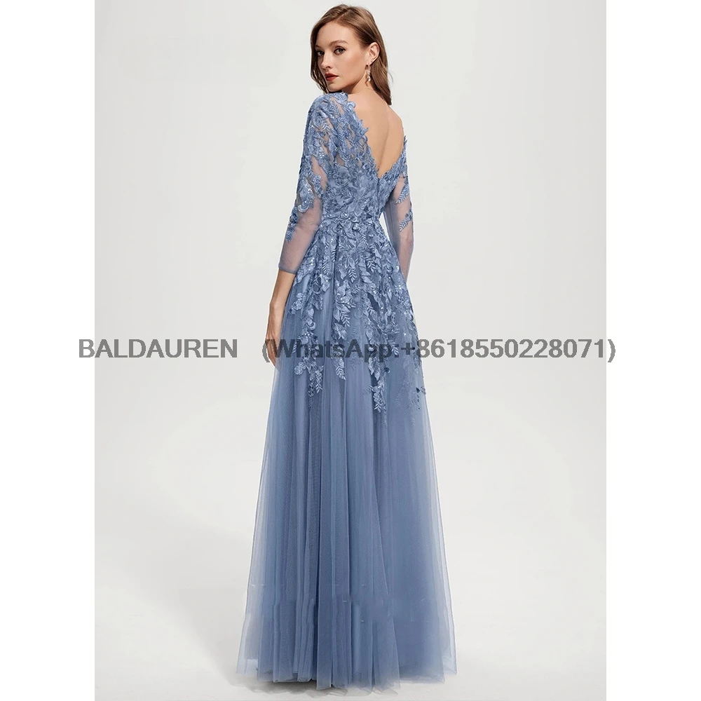 V Neck A Line Mother Dress For Wedding 3/4 Sleeves Lace Appliques Wedding Party Gowns Floor-Length Formal Dress Customized mother bride dresses