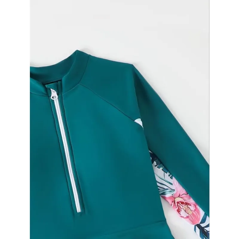 فتاة قطعتين 5-12 سنة الأطفال تنورة طويلة الأكمام ملابس السباحة طفل زهرة طباعة ملابس السباحة بوركيني مسلم ثوب السباحة