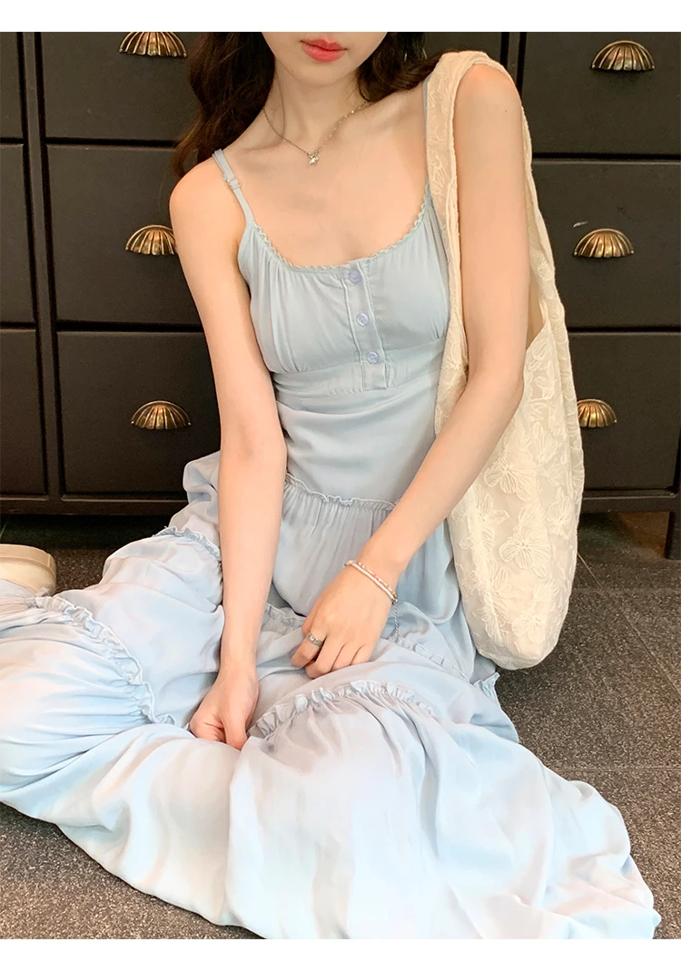 French Elegant Dresses for Women Solid Spaghetti Strap Summer New Ruffles A-line Casual Korean Chic Midi Vestidos Mujer