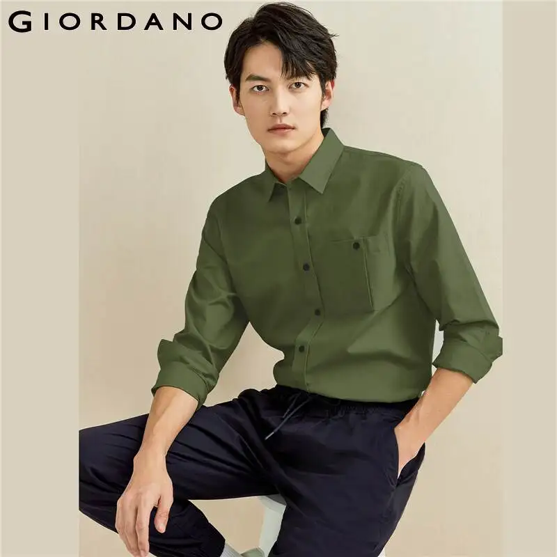 

Giordano Men Shirts Cargo Single Pocket Long-sleeve Shirt Classic Collar Cotton Casual Long Sleeves Shirts 13041052