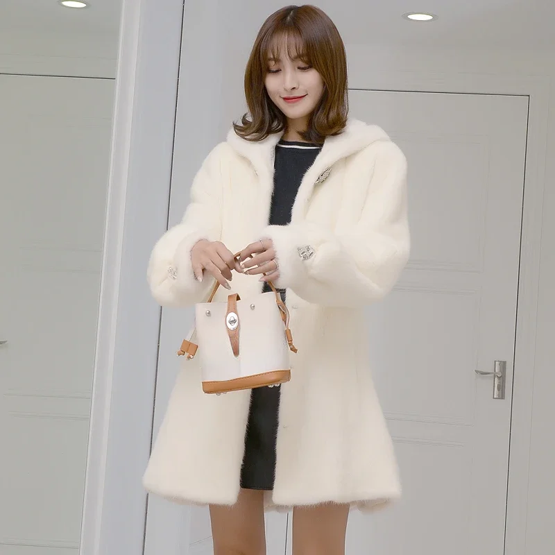 Real Mink Fur Coat Winter Womens Fur Coat Hooded Warm Fur Jacket Femme Mid-Long Fur Jackets Korean Clothes Veste Fourrure Femme