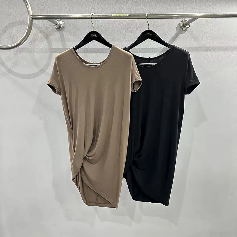 

2024 Spring Summer Women's Dark RO Style Solid Color Pleated Draped Comfort Fabric Fitted Short Sleeve T-Shirt High Quality