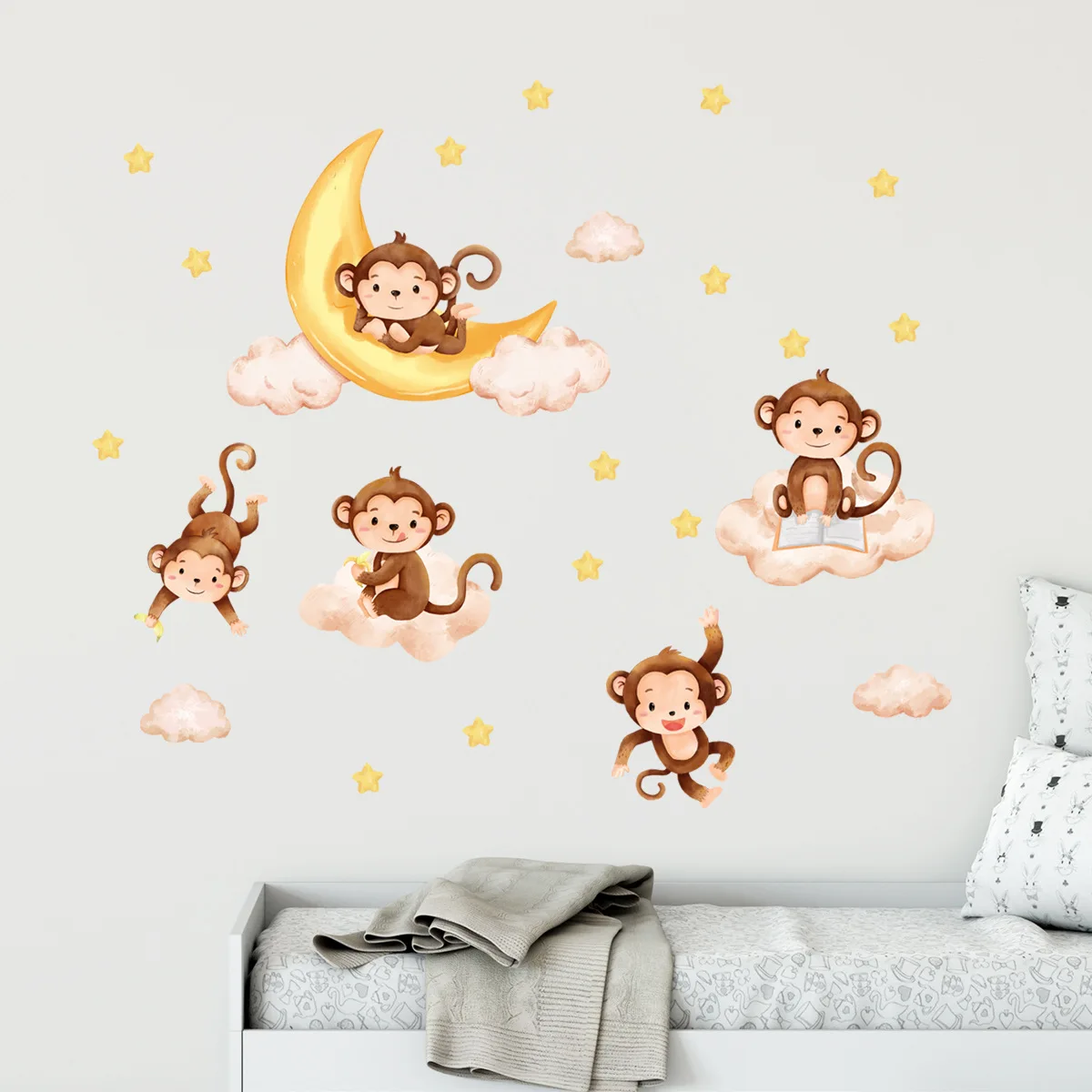 2pcs Cartoon Monkey Moon Star Wall Sticker Background Wall Living Room Bedroom Study Restaurant Decoration Mural Wall Sticker