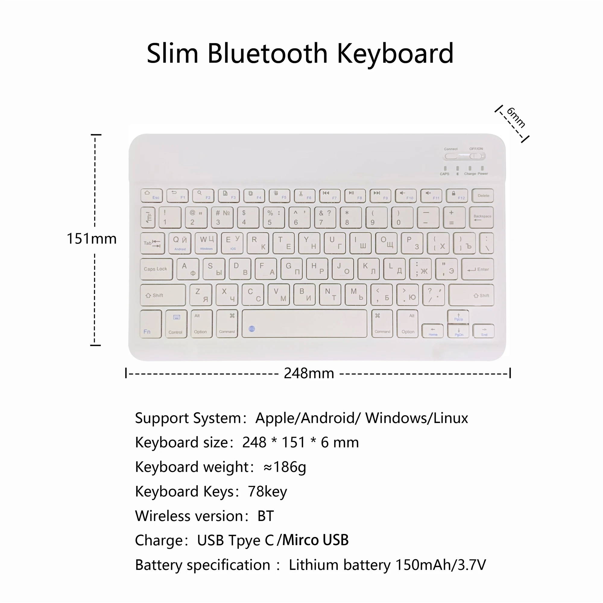 Russian Bluetooth-Compatible Wireless Keyboard Portable Mini Rechargeable 78-Key for Apple iPhone iPad Android Windows