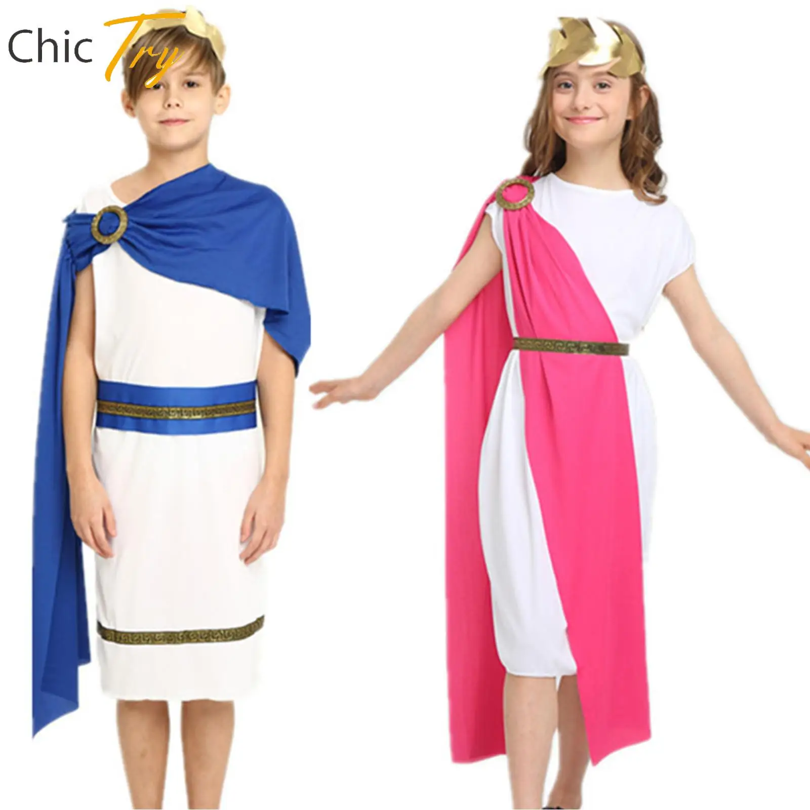 

Kids Greek Toga Costume Girls Boys Halloween Ancient Greece Rome Toga Fancy Dress Up Grecian Princess Prince Cosplay Dresses