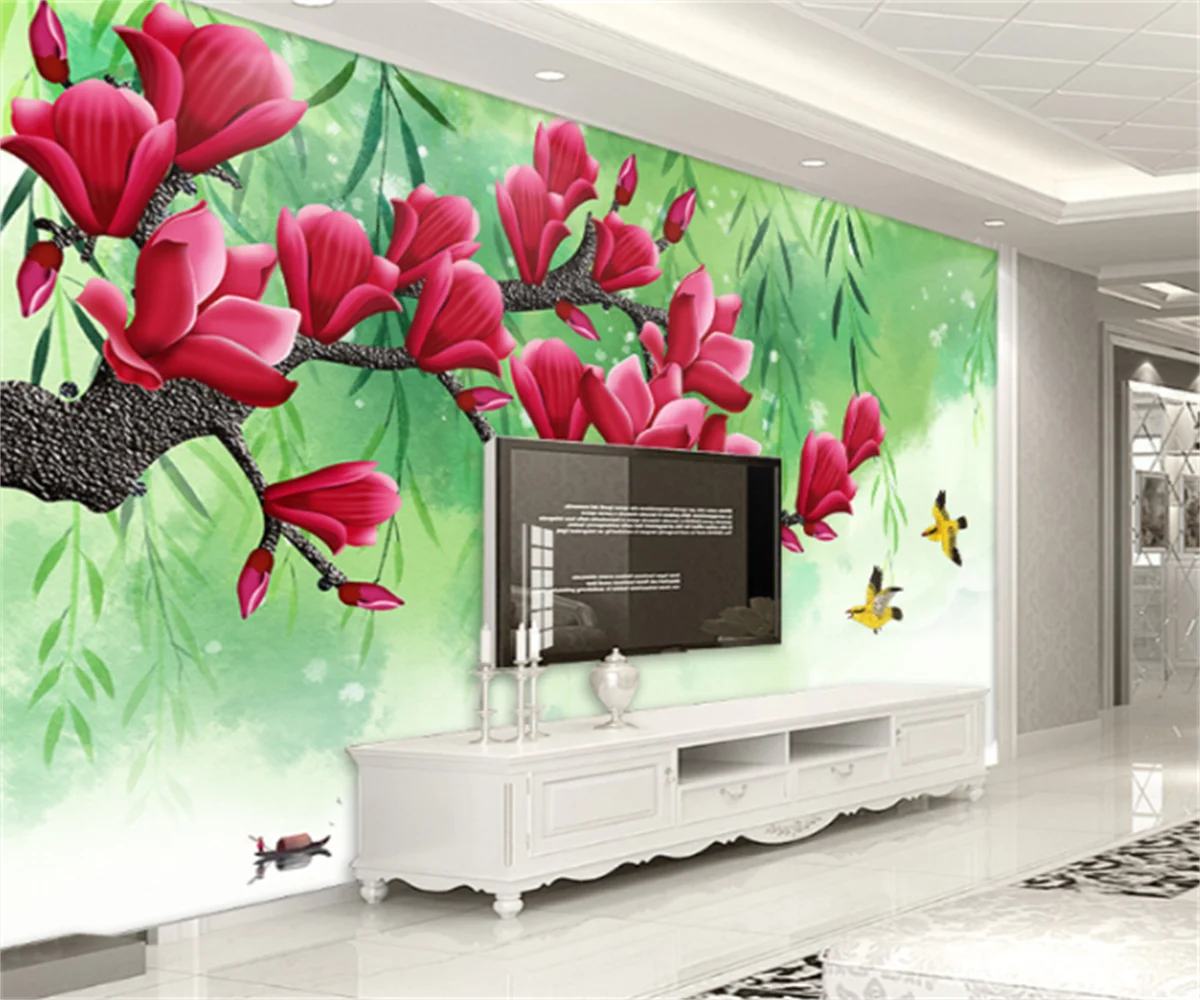 

Fresh magnolia flowers and birds and flowers and fragrance background wall decorative painting custom 3Dany size wallpaper mural