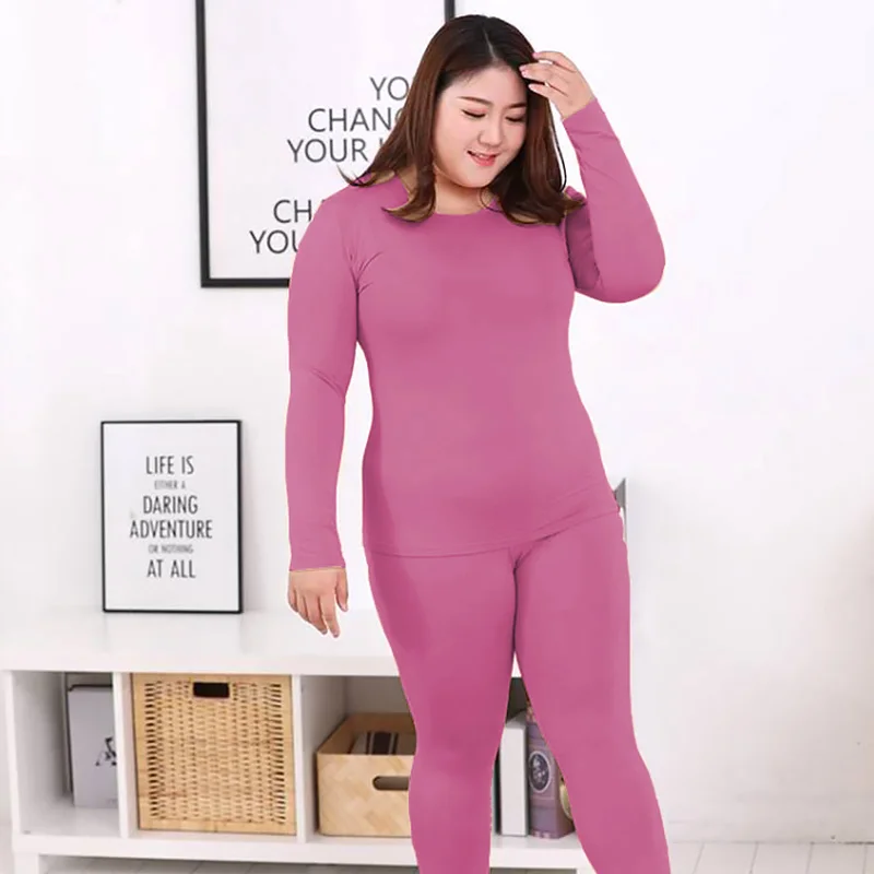 2pcs Warm Underwear For Women Shaped Sets Solid Color Thin Plush Plus Size O Neck Thermal Underwear High Quality Long Johns Warm