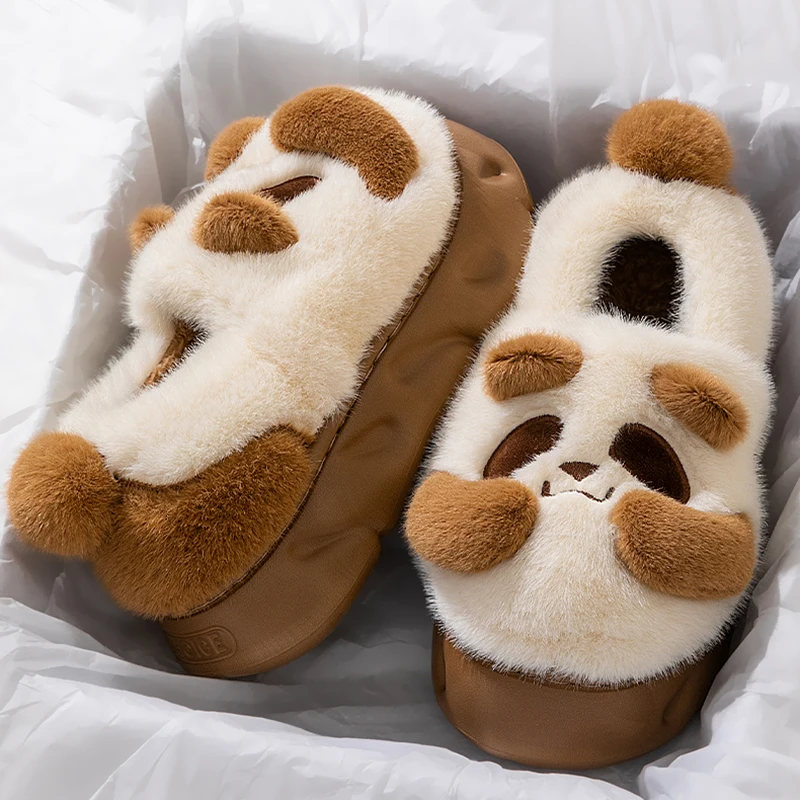 Lovely Fluffy Panda Slippers Women Indoor Thick Sole Warm Winter Cotton Shoes Woman Comfortable Non Slip Plush Slipeprs Female