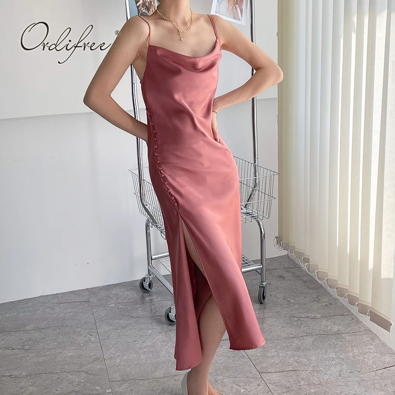 

Женское атласное платье-комбинация Ordifree, розовое, черное элегантное винтажное платье без рукавов с Боковым Разрезом, лето 2023
