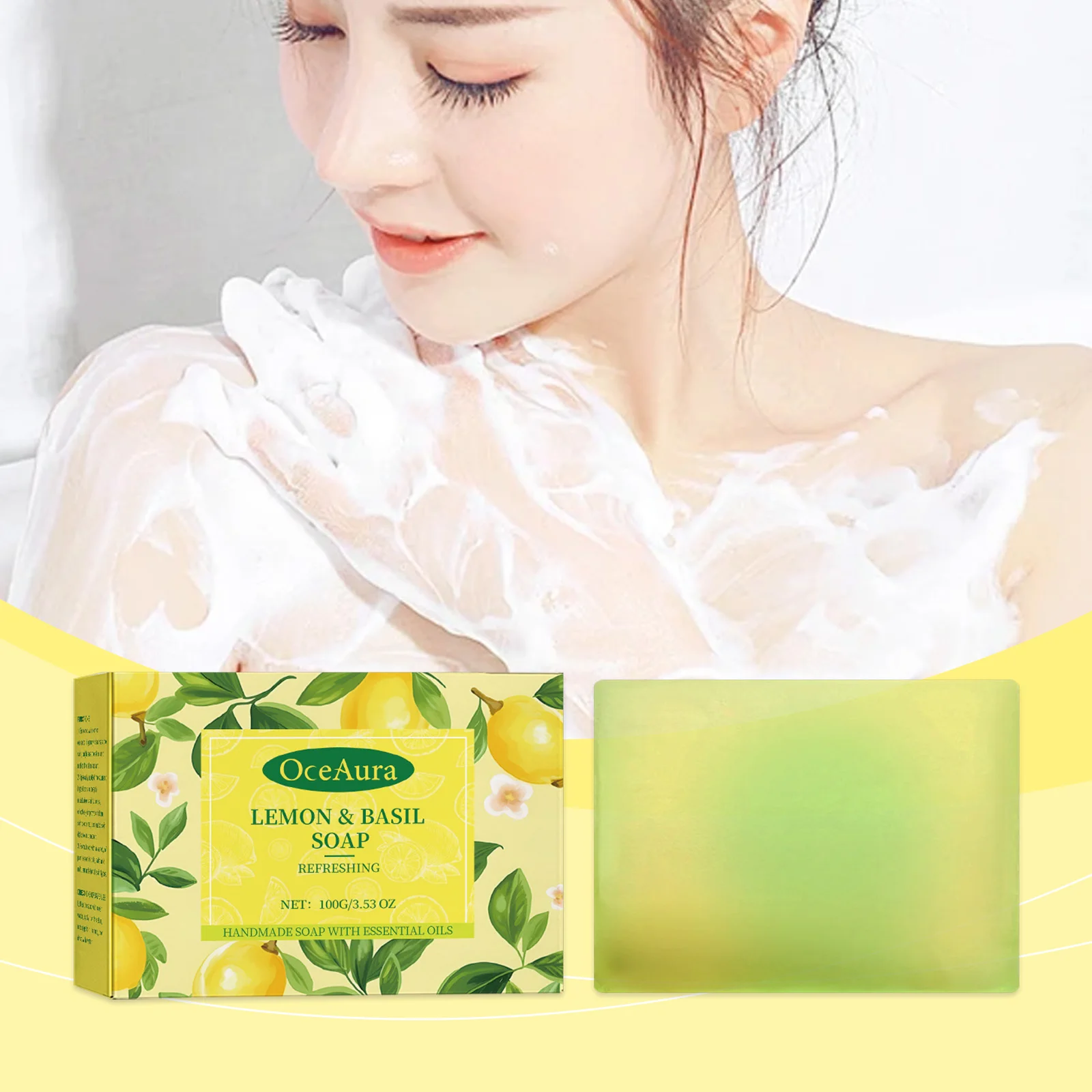 Lemon Refreshing Basil Soap Deep Exfoliating Moisturizing Soft Skin Darkness Remover Oil Eliminating Body Odor Great Skin 100g