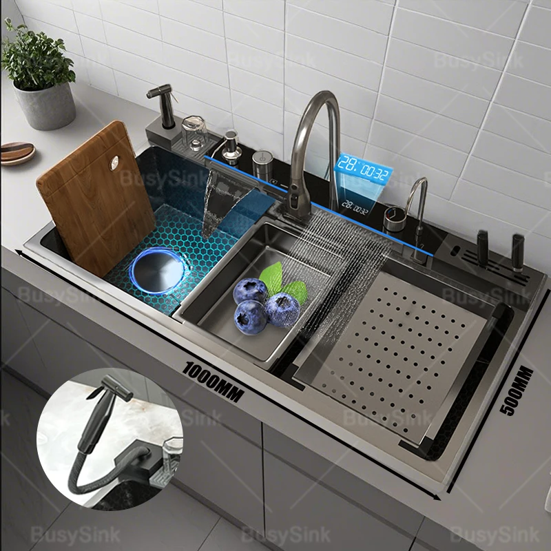 Gloden Stainless Steel Waterfall Kitchen Sink with Faucet Digital Display Multifunctional Large Single Slot Dishwashing Basins