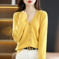 Cardigan pour femme Printemps Automne 2026, col en V, simple boutonnage, court, coupe ajustée, en maille unie, style coréen 1