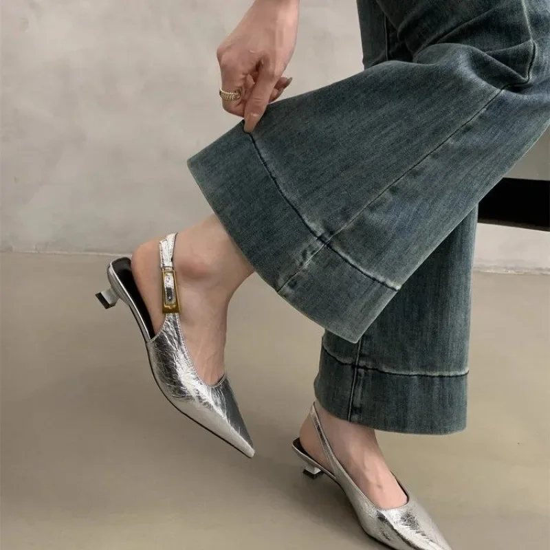 Gold Silver High Heel Pointed Toe Women Slingback Shoes Woman Elegant Summer French Style Back Empty Single Pumps 3