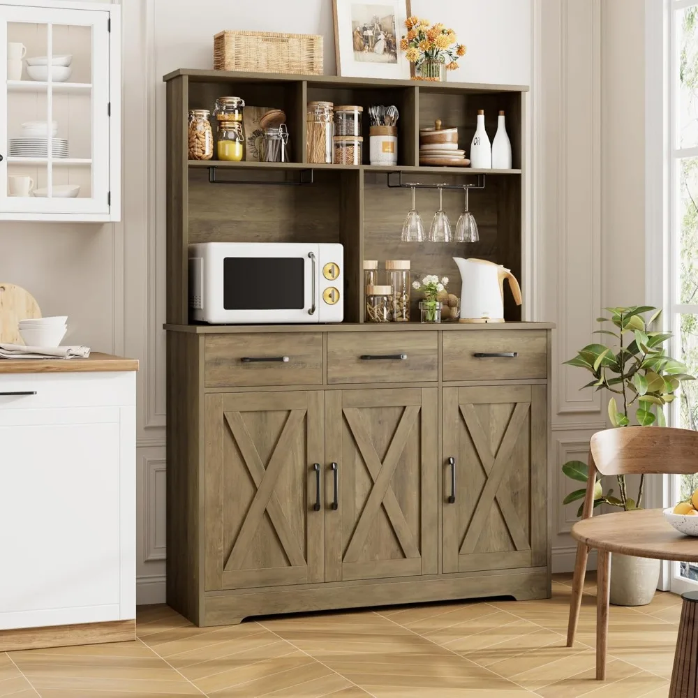 HOSTACK Buffet Cabinet with Hutch, Modern Farmhouse Kitchen Buffet Sideboard Storage Cabinet with 3 Drawers, Barn Door Coffee