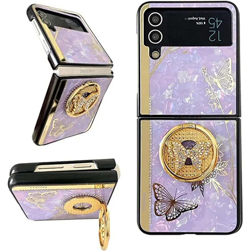Luxury Creative Mirror 3D Ring Stand Custodia A Farfalla Intarsiata Per Samsung Galaxy Z Flip 5 5G Z Flip3 Zflip3 Flip 4 Cover Antiurto