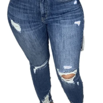 Womens 플러스 사이즈 청바지 찢어진 하이 웨이스트 펜슬 스키니 피트 블루 데님 바지 Columbia Stretchy Jean Distressed Ouc455a
