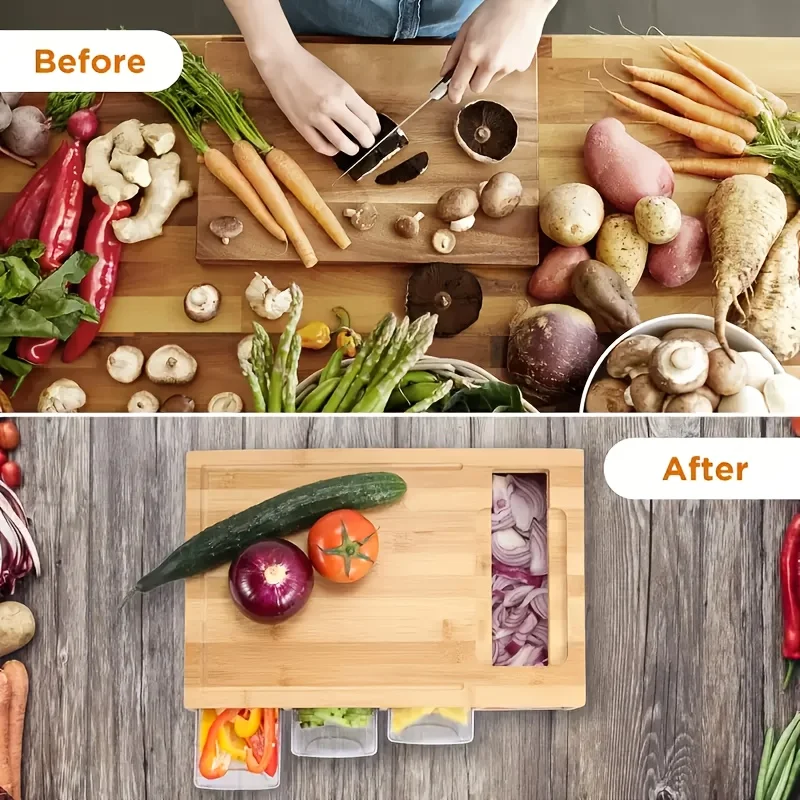 Bamboo Cutting Board With Containers - Meal Prep Station With Removable Top Kitchen Boards & Food Storage Tray With Lids