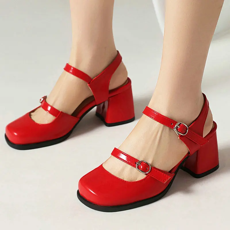 

Туфли-лодочки женские на квадратном каблуке, заостренный носок, двойная Пряжка, квадратный массивный каблук, элегантные, красные, синие, большие размеры 42 43