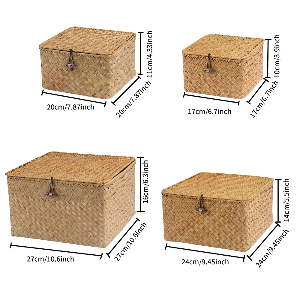 Handmade 4Pcs Set storage basket with lid rectangular seaweed rattan fabric cosmetics multi-purpose container natural box 6