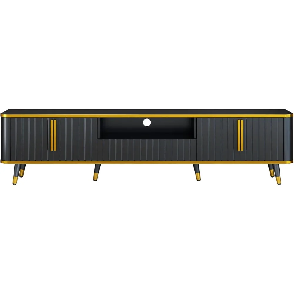 TV Stand for 85"+ TV, Entertainment Center with Storage Drawer & Cabinets & Shelves, Curved TV Console with Gold Metal Legs 6